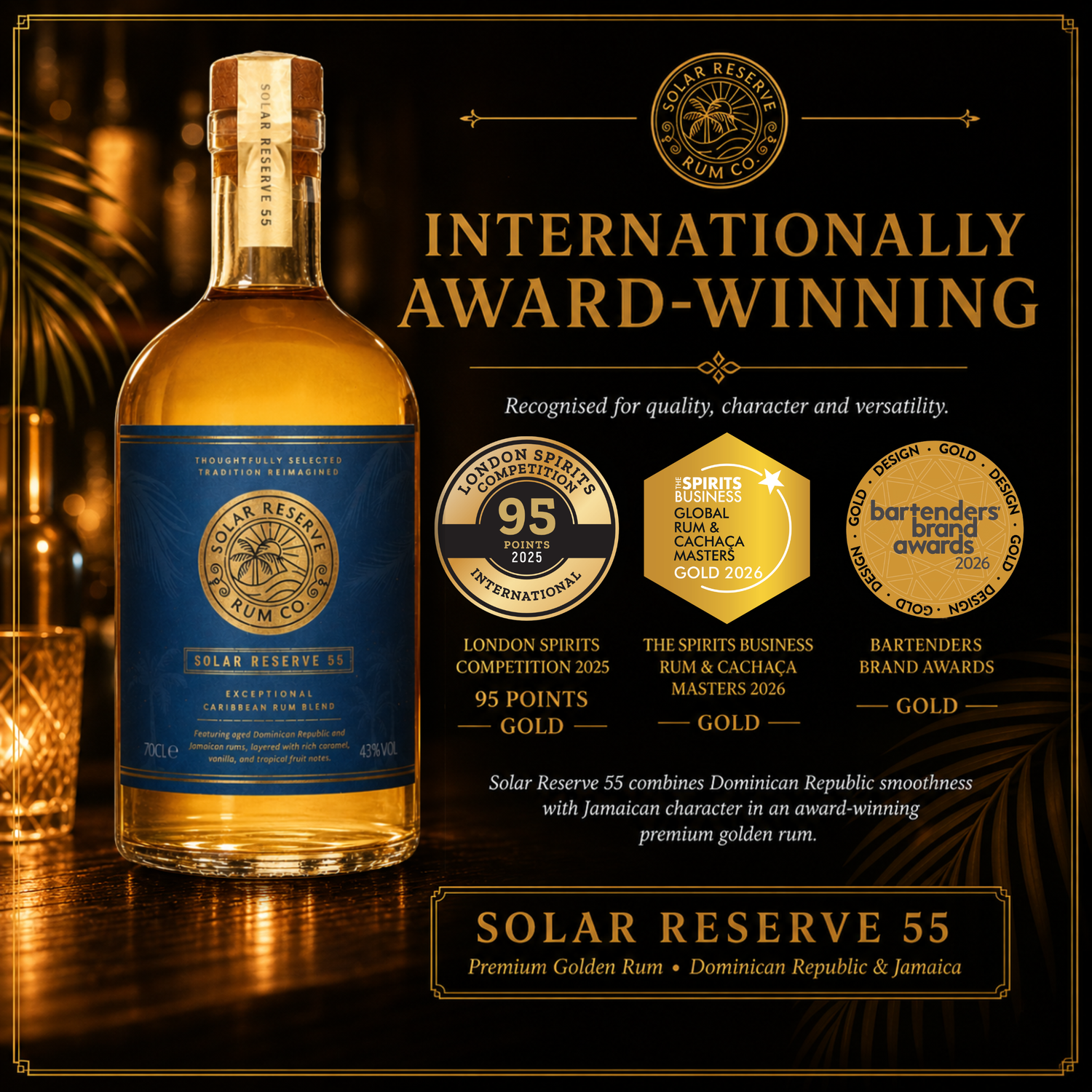 Premium golden rum blend featuring Dominican and Jamaican spirit profiles.