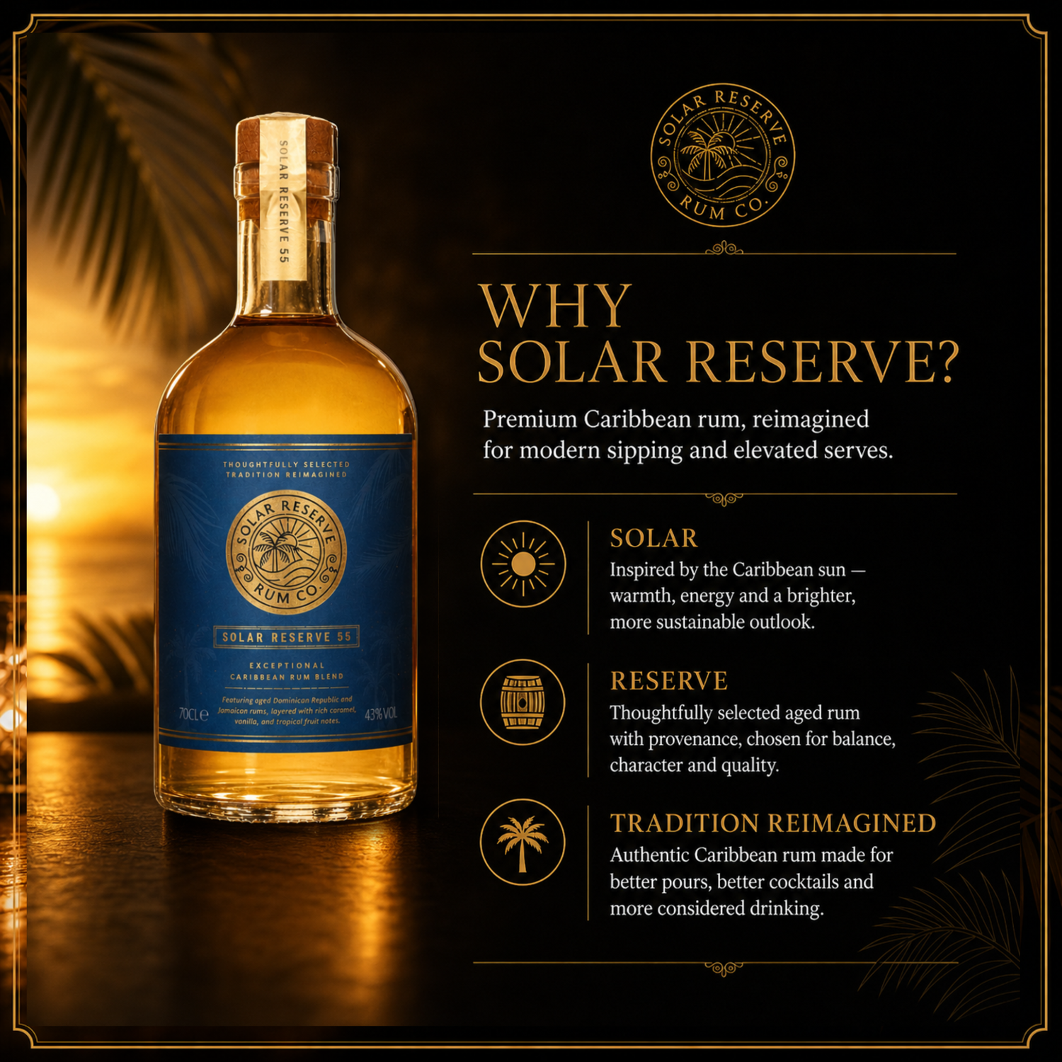 Artisanal Caribbean rum blend perfect for sipping and luxury cocktails.