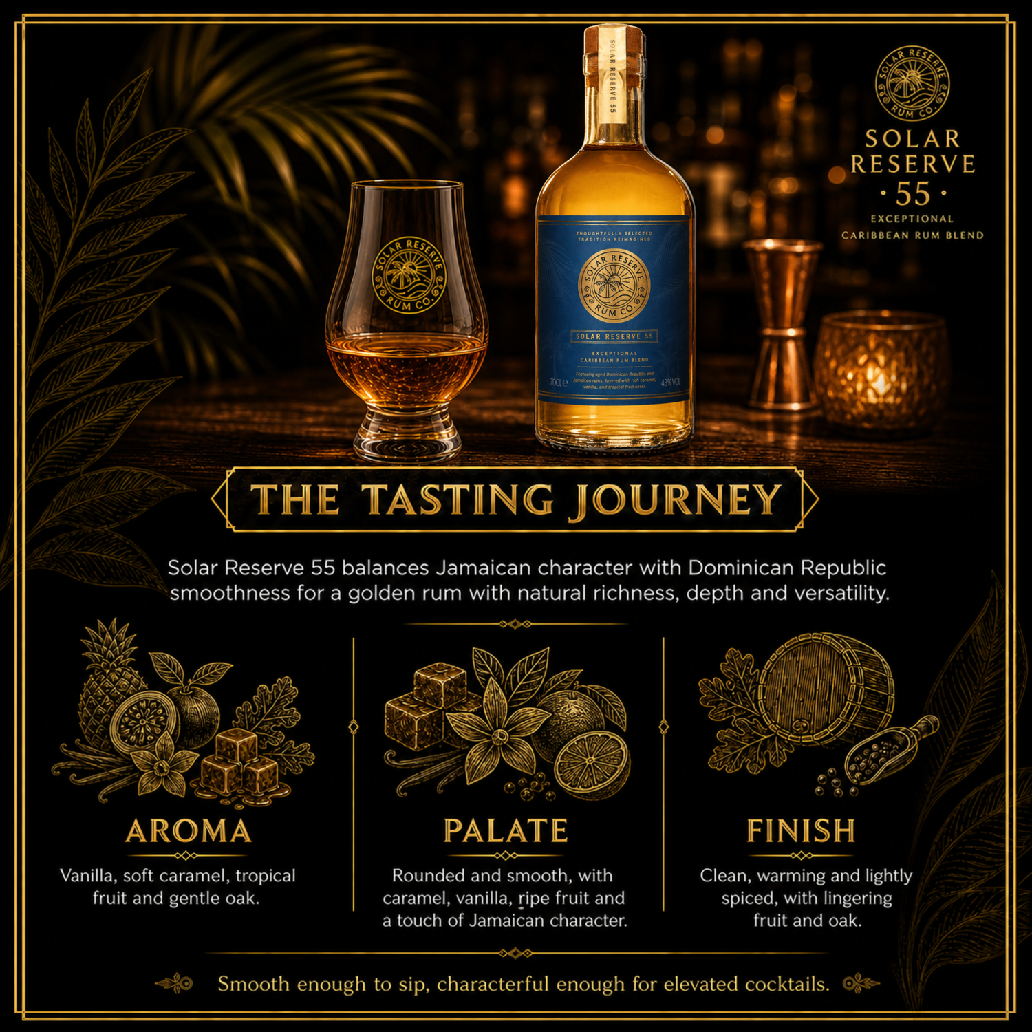 Close up of Solar Reserve 55 label highlighting its 43 percent ABV.