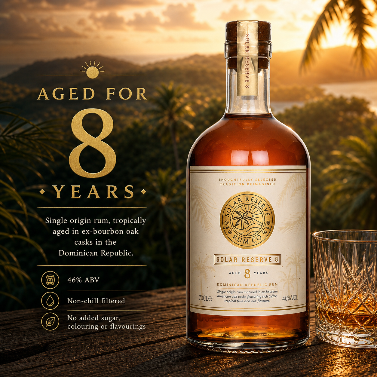 Premium aged rum showcasing deep amber color and artisanal gold label.