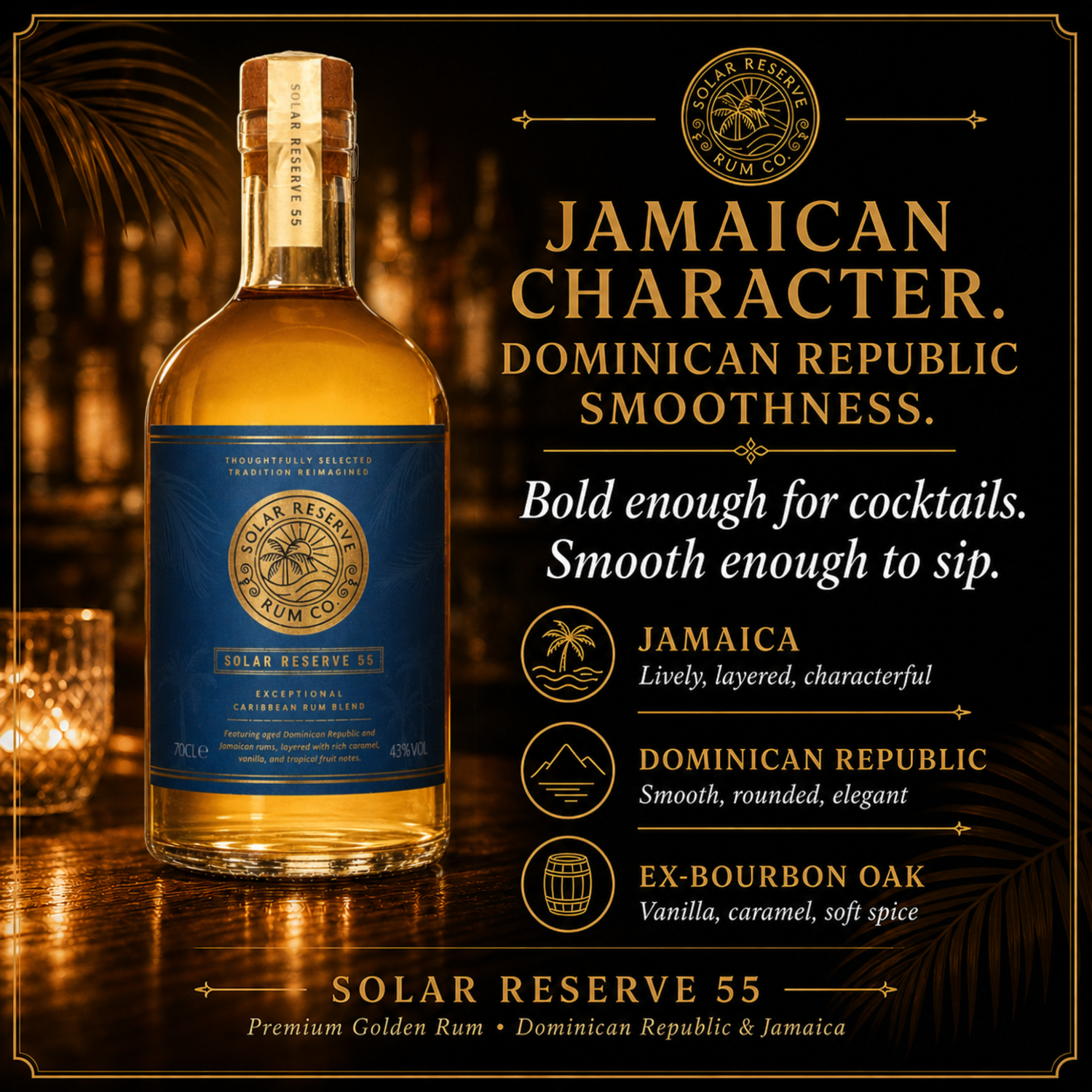 Close up of Solar Reserve 55 label highlighting its 43 percent ABV.