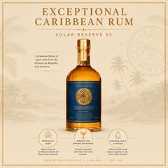 Bottle of Exceptional Caribbean Rum with decorative background